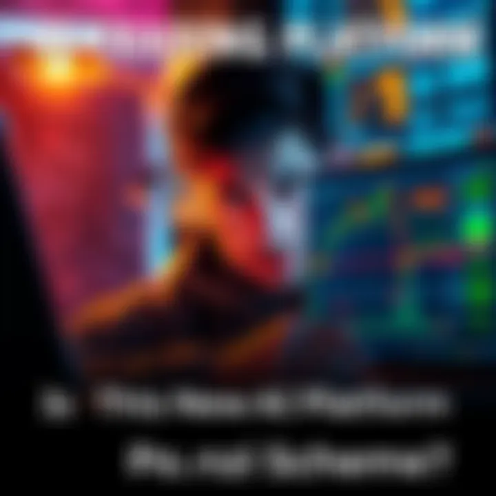 A person looking worried while checking an AI trading platform on a laptop, with financial charts and dollar signs on the screen