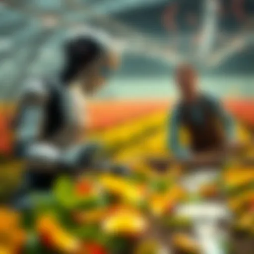 A digital scene showing AI bots managing liquidity pools while a frustrated farmer looks on, symbolizing the clash between technology and manual yield farming methods.