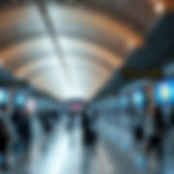 A busy airport terminal featuring digital advertisements for meme coins on screens, catching the attention of travelers.