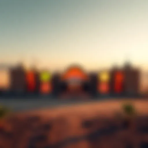 A view of the incomplete welcome center for Akon's crypto city project, surrounded by empty land and construction materials.