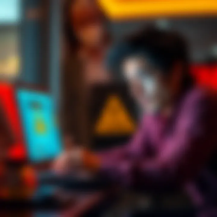 A concerned person looking at a laptop with warning signs about scams on the screen.