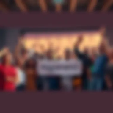 A diverse group of people celebrating around a banner that says 'Algorand' with smiles and excitement, representing community optimism in 2026.