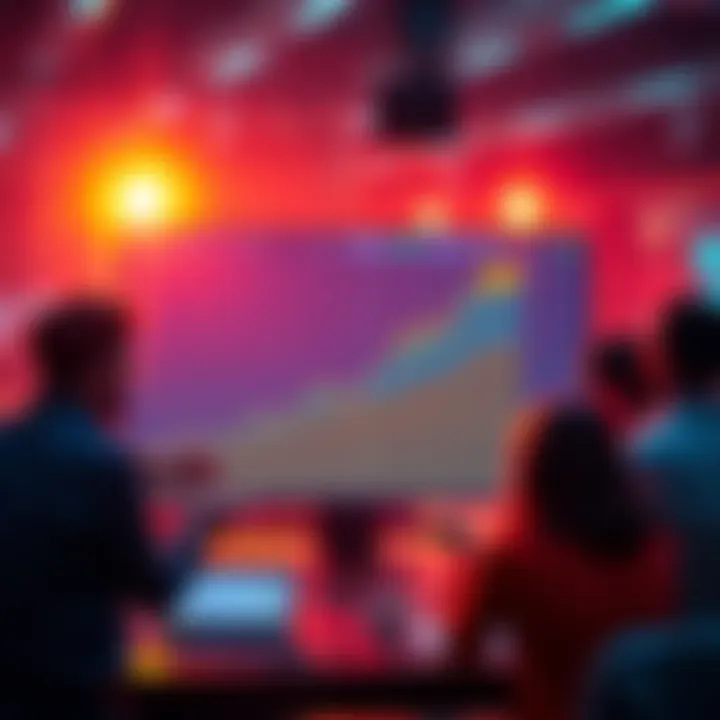 A graph showing upward trends in Algorand investments with people discussing around a digital screen.
