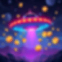 A colorful illustration of a UFO with various crypto coins floating around it, highlighting the connection between aliens and cryptocurrencies.