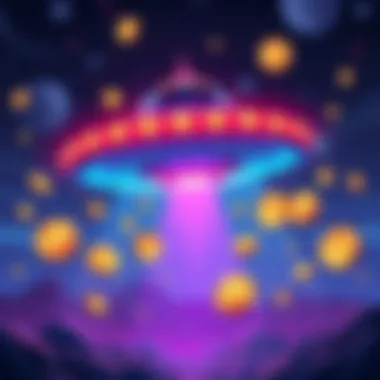 A colorful illustration of a UFO with various crypto coins floating around it, highlighting the connection between aliens and cryptocurrencies.