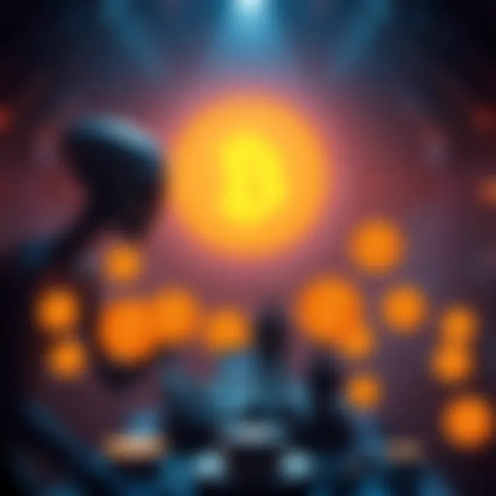 A futuristic scene showing an alien observing humans interacting with Bitcoin symbols, highlighting the experimental aspect of Bitcoin as a tool for studying behavior.