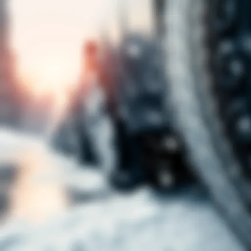 Close-up of all-season tires with water and snow in the background, showcasing their performance in harsh weather conditions