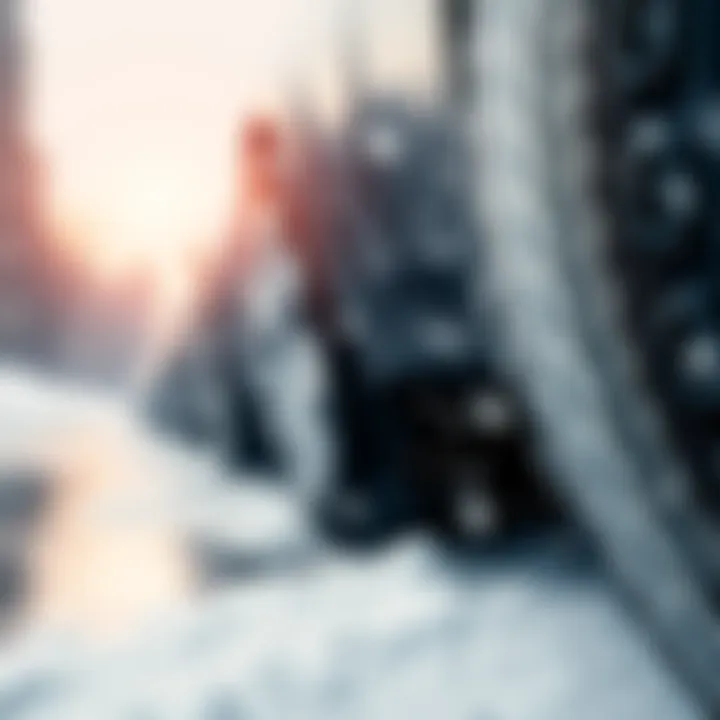 Close-up of all-season tires with water and snow in the background, showcasing their performance in harsh weather conditions