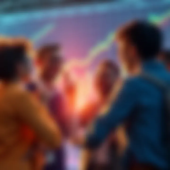 A group of excited people discussing the recent surge in the Sub's value, with charts and graphs showing upward trends in the background.