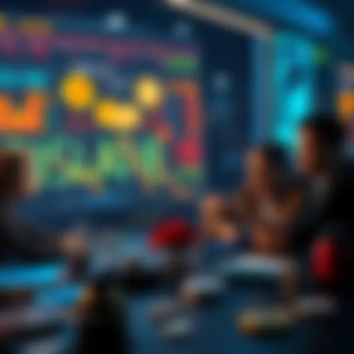 A graph showing a downward trend in altcoin values with various coins labeled. Investors looking worried and discussing around a table.