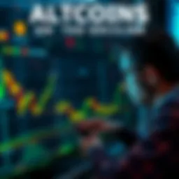 A graphic showing a downward trend in altcoin values with a worried investor looking at charts on a screen