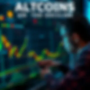 A graphic showing a downward trend in altcoin values with a worried investor looking at charts on a screen