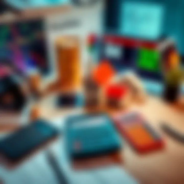 A diverse group of investment options like stocks, real estate, and bonds shown on a desk with financial documents and calculators, representing varied portfolio choices.