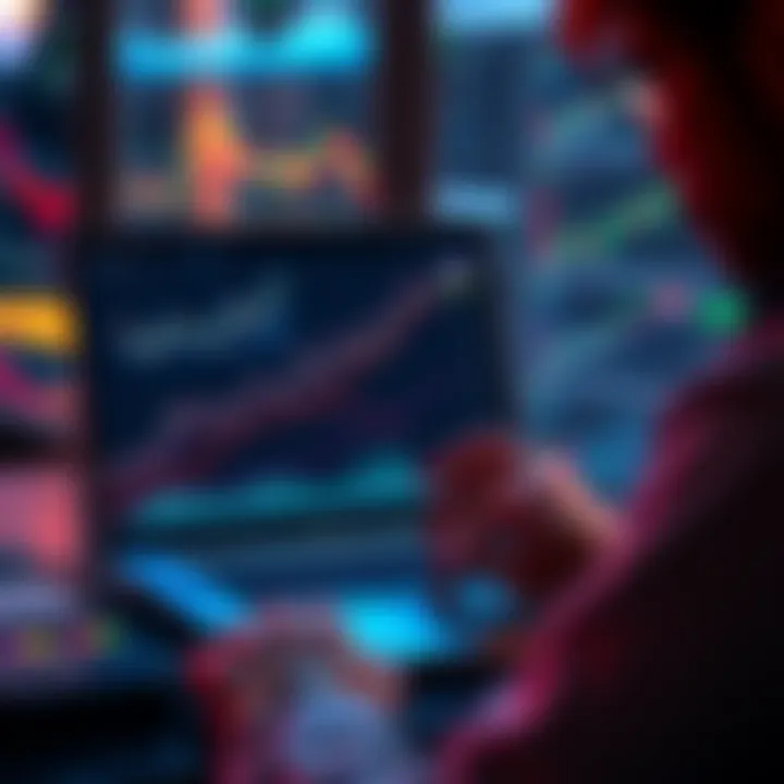 A person analyzing their investment portfolio with charts and graphs on a laptop, highlighting a focus on cryptocurrency growth.