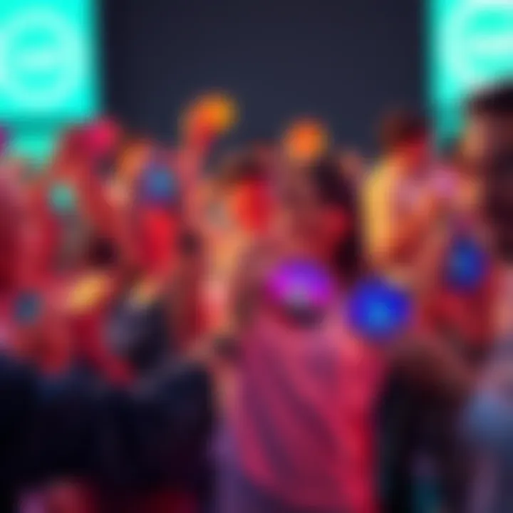 A group of people holding and discussing AMP coins, showing excitement and positive energy about its value increase.