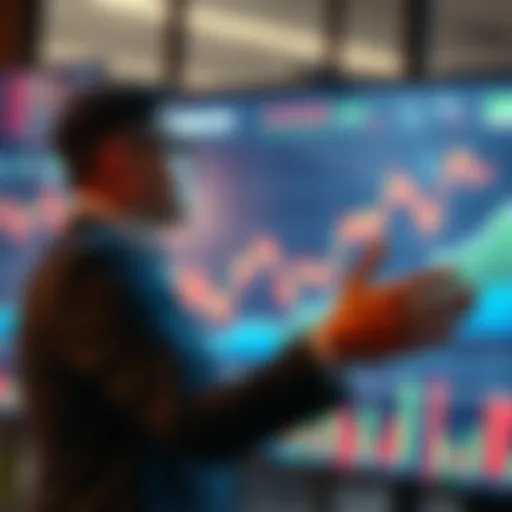 Analyst predicting stock surge A financial analyst confidently presenting a bold stock market prediction on a digital screen with rising graphs and charts in the background.
