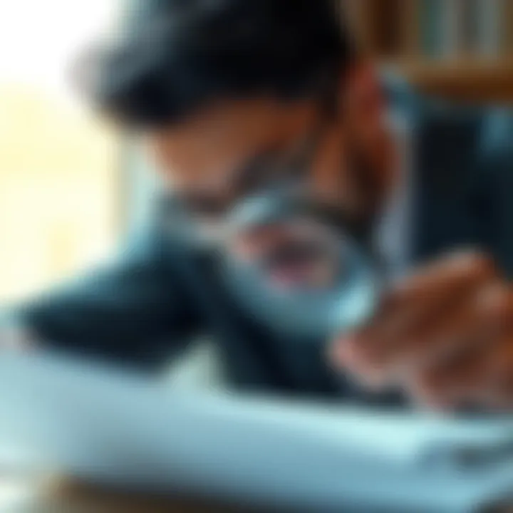 A person examining documents with a magnifying glass to determine if something is a scam or genuine opportunity