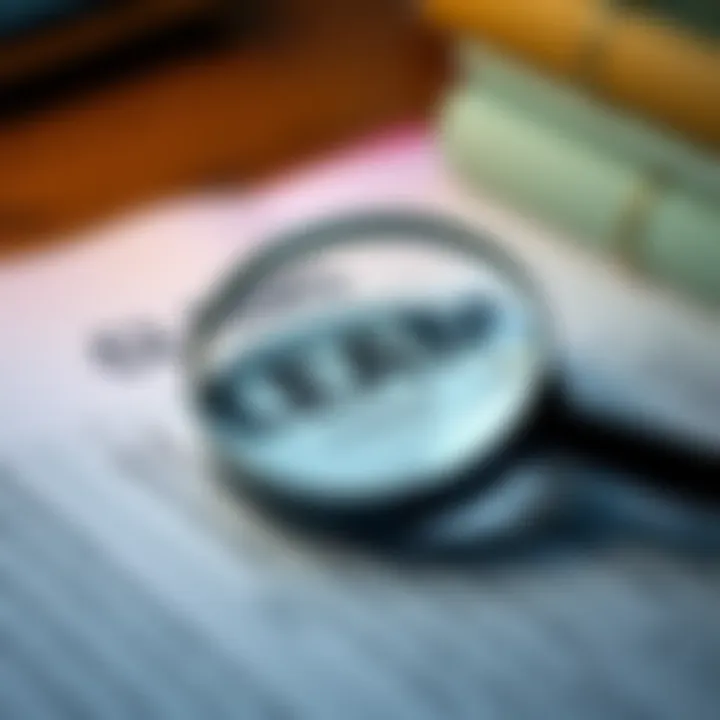 A magnifying glass over a document with highlighted text, examining claims for validity.