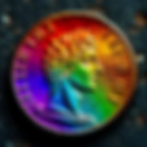Close-up of a 157-156 BC AR Denarius showcasing its rainbow colors under light