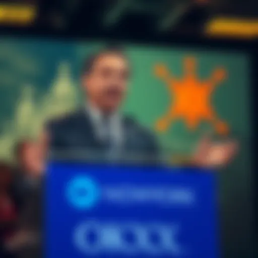 Former New York Governor Andrew Cuomo speaking about blockchain technology at a podium with OKX branding
