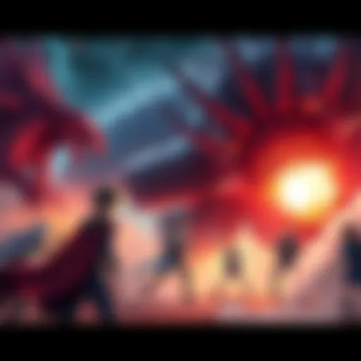 A group of heroes faces giant monsters in an intense scene, showcasing their bravery and determination to escape danger.