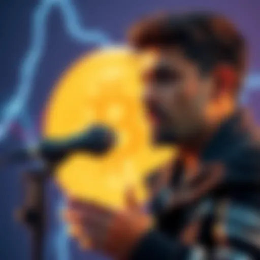 Ankit speaking into a microphone about the Lightning Network and Bitcoin, with a graphic link between them in the background.