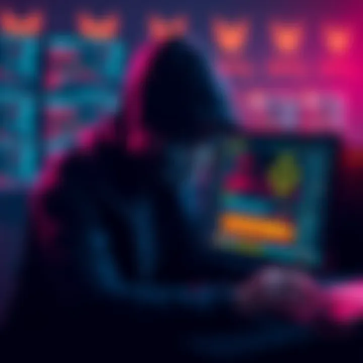 A hacker with a computer screens showing dark web imagery, symbolizing the breach of the Anti-Darknet team.