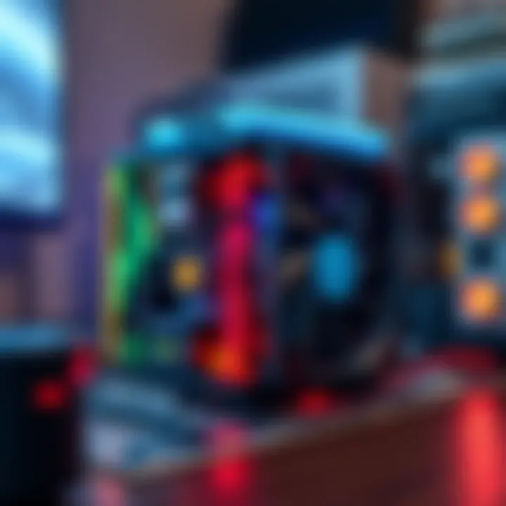 Close-up view of the Antminer X3 mining rig with LED lights and cooling fans, placed on a desk with circuit boards in the background.