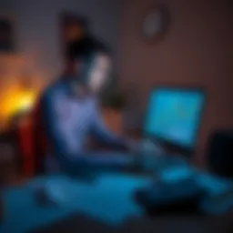 An investor sitting at a desk, looking worried while staring at a Bitcoin price chart on a laptop screen, with papers and a calculator scattered around