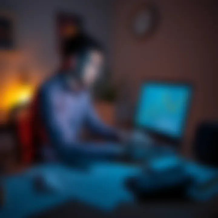 An investor sitting at a desk, looking worried while staring at a Bitcoin price chart on a laptop screen, with papers and a calculator scattered around