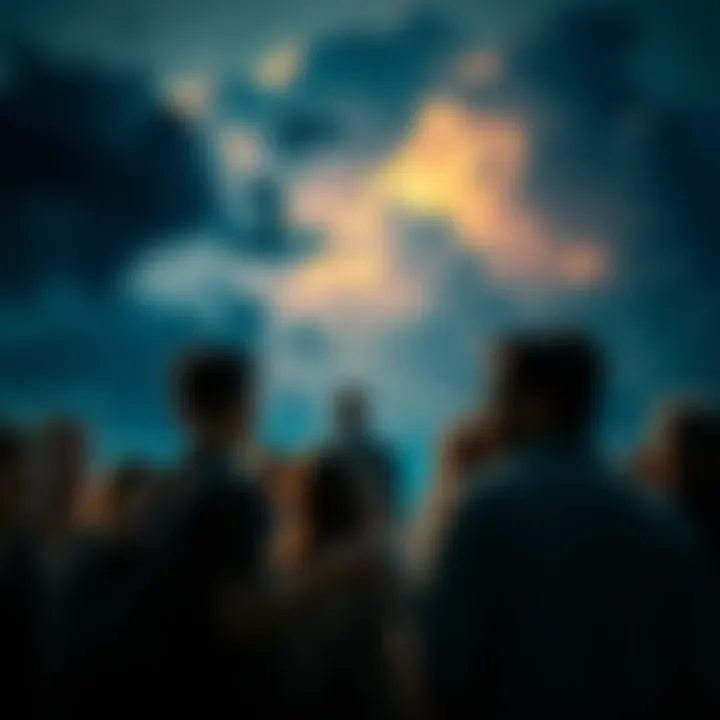 A group of people looking worried and talking at night, with dark clouds in the sky