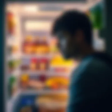 Person feeling anxious in front of a fridge A person with a worried expression looking at an open fridge filled with food items, showcasing proper cold storage