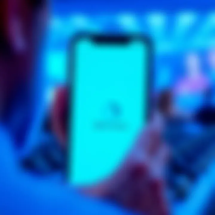 A smartphone displaying an app frozen on the Blue C loading screen with a frustrated user in the background