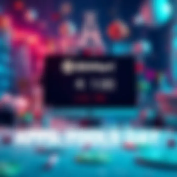 A vibrant scene featuring a computer screen with BitMart's logo and a countdown timer for a livestream, surrounded by playful decorations and party elements