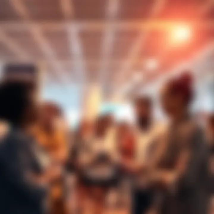 A group of people engaging with Aptos resources and connecting with each other in a bright, welcoming environment.