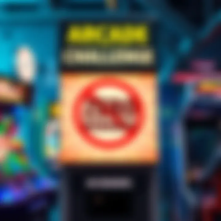 A colorful sign promoting an arcade challenge with the text 'No Rewards' prominently displayed, surrounded by gaming equipment.