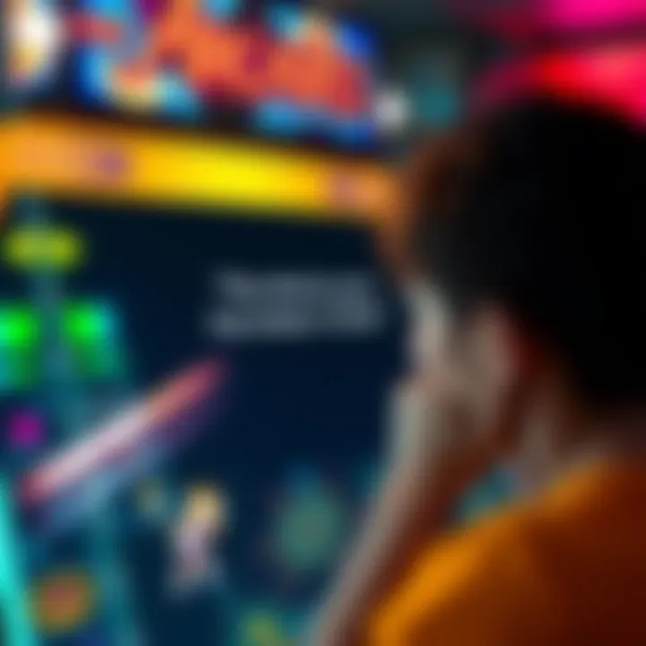 Arcade game screen with play detection error A close-up of an arcade game screen showing a message that the game has already been played, with a frustrated player in the background