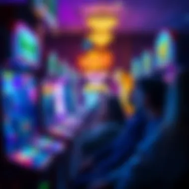 Arcade Games for Earning Bucks A group of people playing arcade games, focused on earning rewards without spending money, surrounded by colorful game machines.