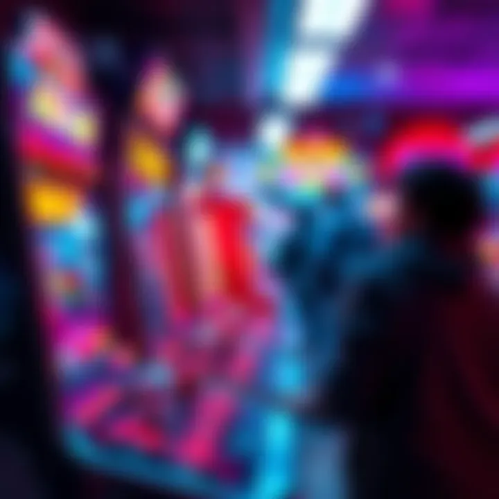 A colorful arcade game display showing various game options and a person pondering their choices.