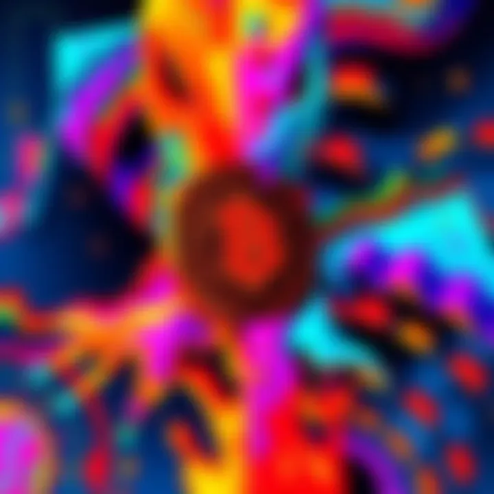 A vibrant painting reflecting the colors and themes of cryptocurrency culture, showcasing dynamic shapes and bold hues.