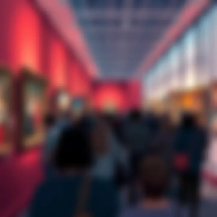 A crowd admiring various artworks at an art exhibit