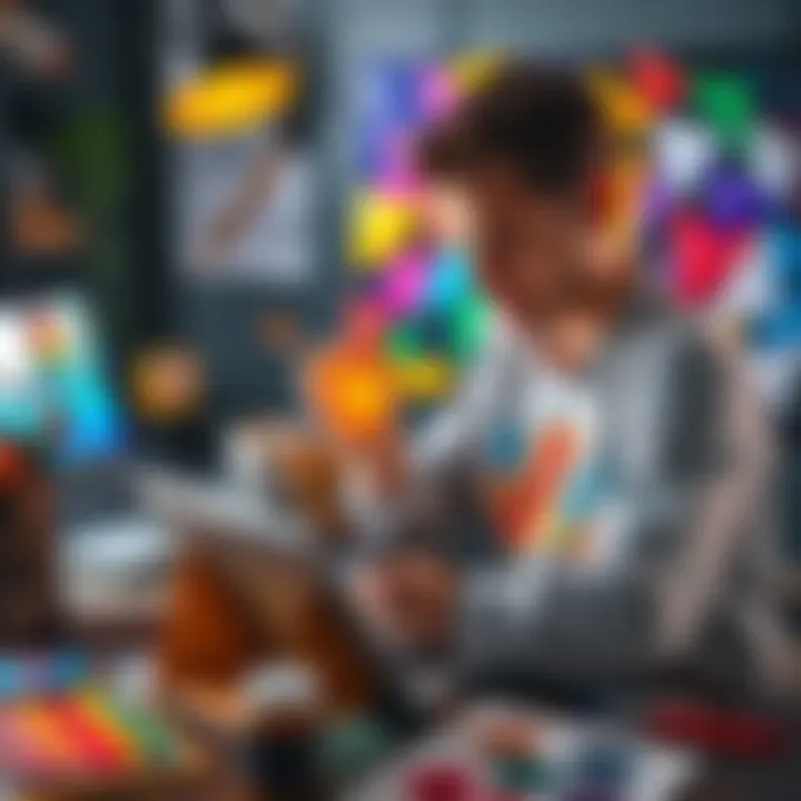 Artist creating digital art A person focused on creating colorful digital artwork on a tablet, surrounded by art supplies and a laptop, symbolizing a break from Bitcoin for creativity.