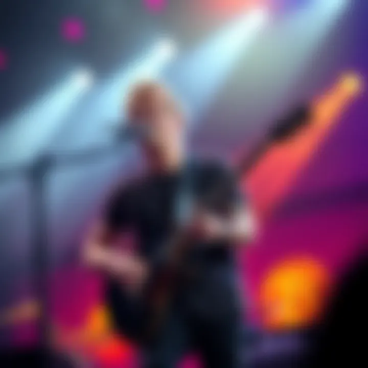 Artist on stage singing about Bitcoin's price volatility with a guitar in hand.