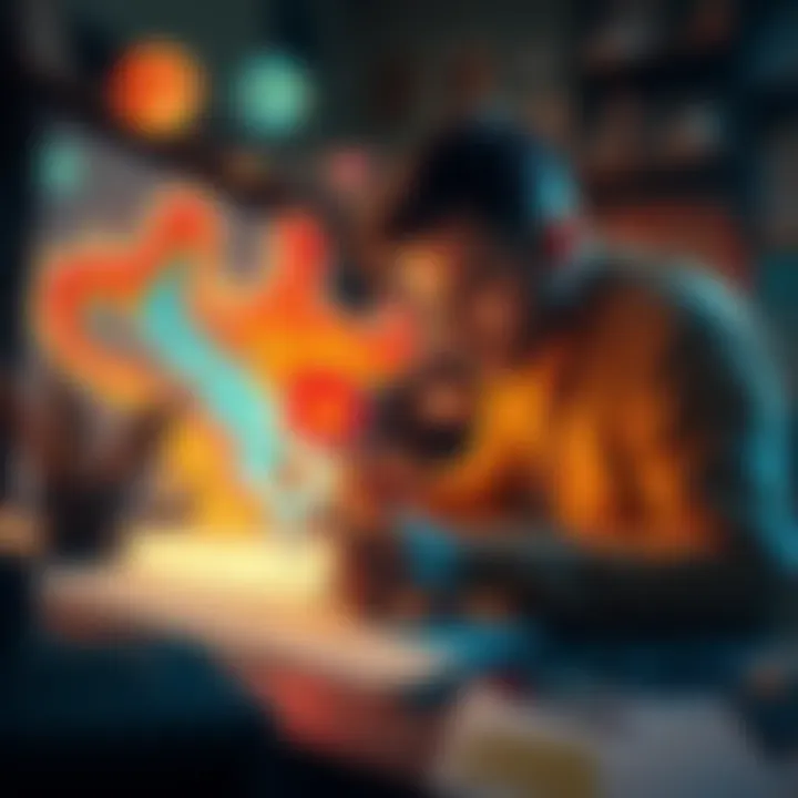 Artist drawing with unusual effects An artist focuses on a drawing while strange shapes and colors appear around the paper, symbolizing unexpected occurrences during the creative process.