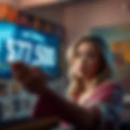 A woman looks concerned while reviewing an offer for her artwork to be sold as NFTs, with the amount of $7,500 displayed on a digital screen.