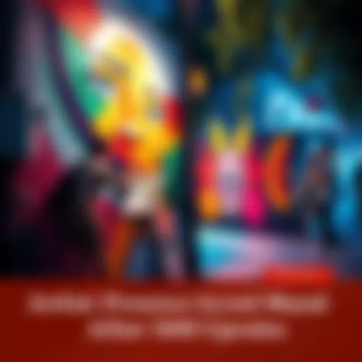 An artist painting a colorful mural on a wall in a lively outdoor setting, with people admiring the artwork nearby