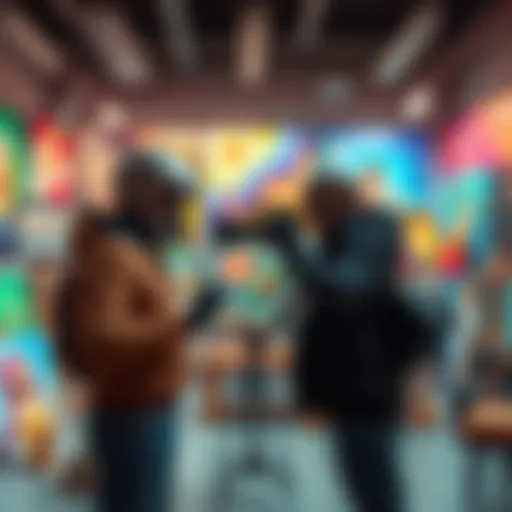 Titan Cameraman and M.Titan Speakerman face off in a vibrant art studio filled with colorful canvases and sculptures.