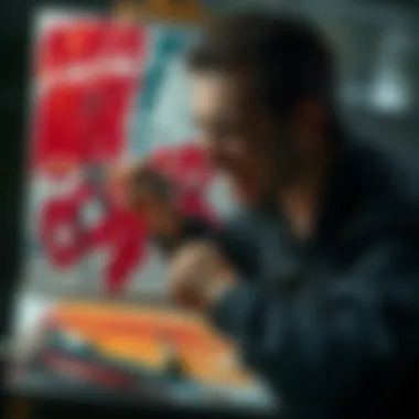 A person painting passionately, expressing strong emotions with bold brush strokes on a canvas, surrounded by scattered paint tubes and brushes.