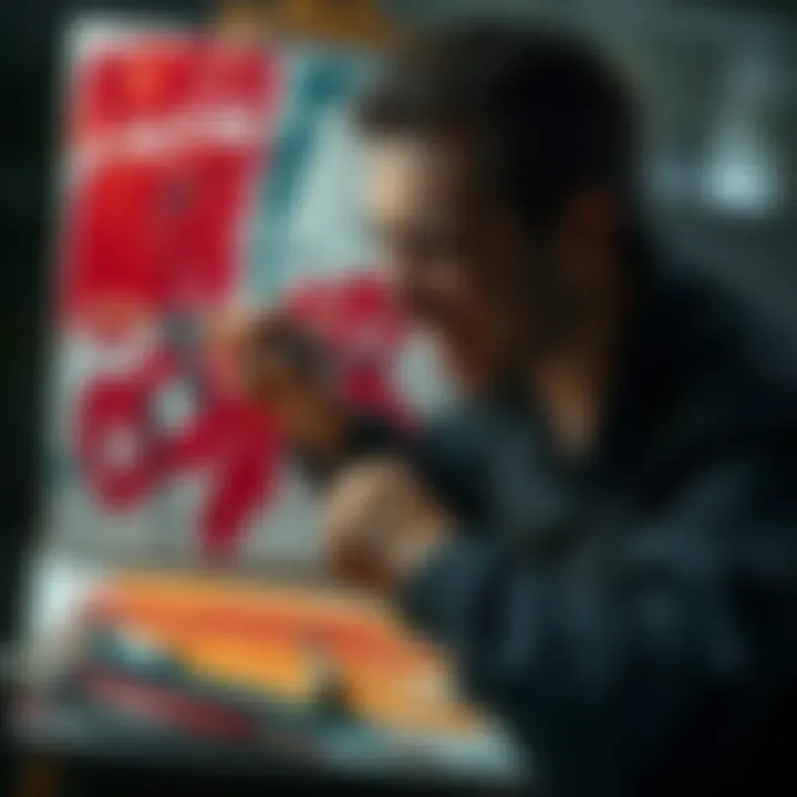 A person painting passionately, expressing strong emotions with bold brush strokes on a canvas, surrounded by scattered paint tubes and brushes.