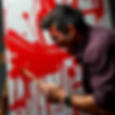 A painter fiercely applying bold strokes of red paint on a canvas, expressing emotions of anger and passion.